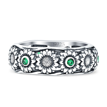 Sunflower Oxidized Statement Wedding Band Green Emerald CZ 925 Sterling Silver Wholesale